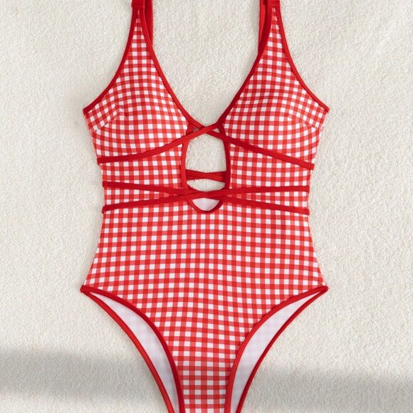 Multicolor Casual Women's V-Neck Plaid Tied Hollow Out One-Piece Suit - Picture 4 of 5